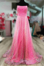 A-Line Strapless Hot Pink Sequins Long Formal Prom Dresses