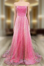A-Line Strapless Hot Pink Sequins Long Formal Prom Dresses