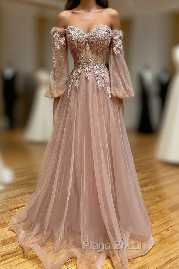 A-Line Strapless Long Lace Formal Prom Dresses, Sweetheart Neck Tulle Evening Party Dresses Main image