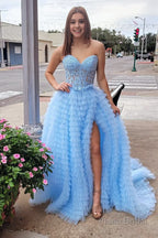 A-line Strapless Multi-Layers Tulle Prom Dress with Slit