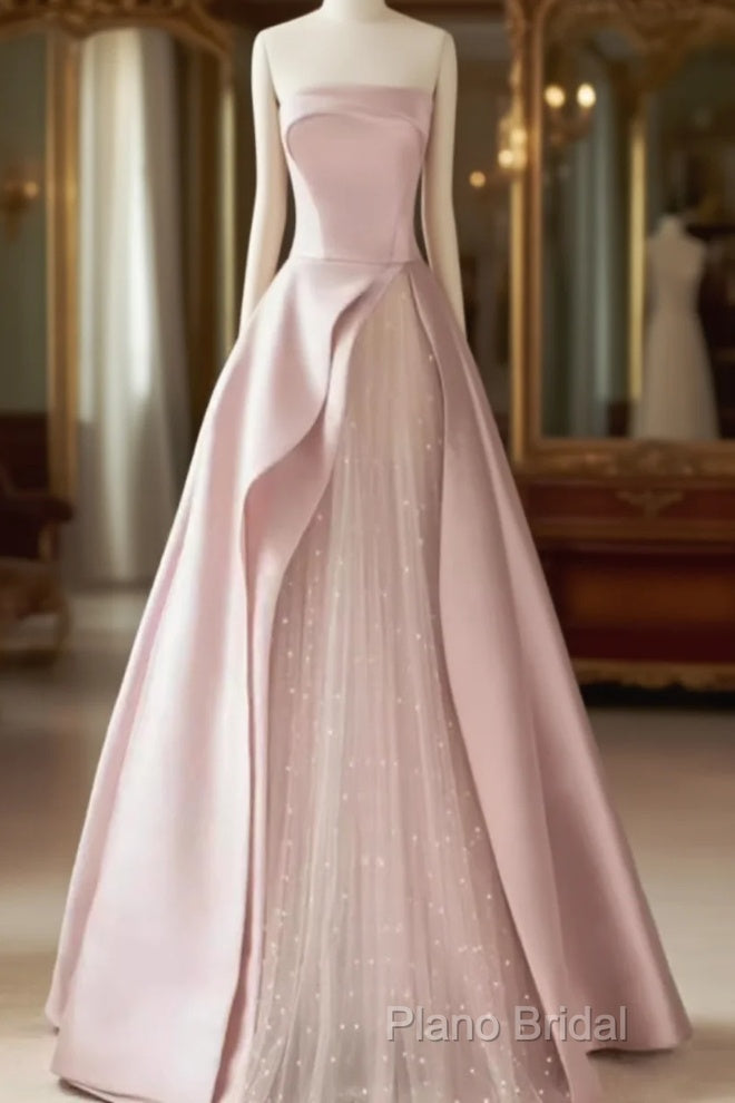 A Line Strapless Pink Party Dresses Long Satin Formal Prom Dresses