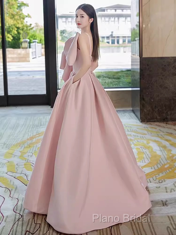 A Line Strapless Pink Satin Long Formal Prom Dresses Party Dresses