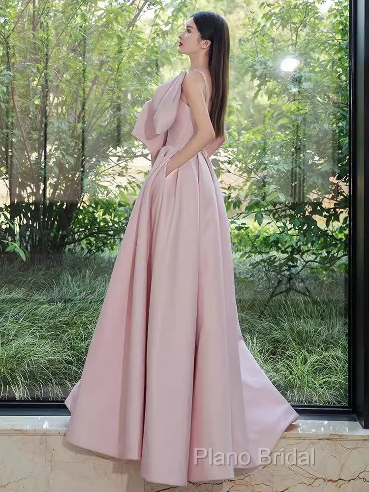 A Line Strapless Pink Satin Long Formal Prom Dresses Party Dresses