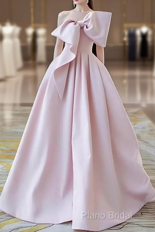 A Line Strapless Pink Satin Long Formal Prom Dresses Party Dresses