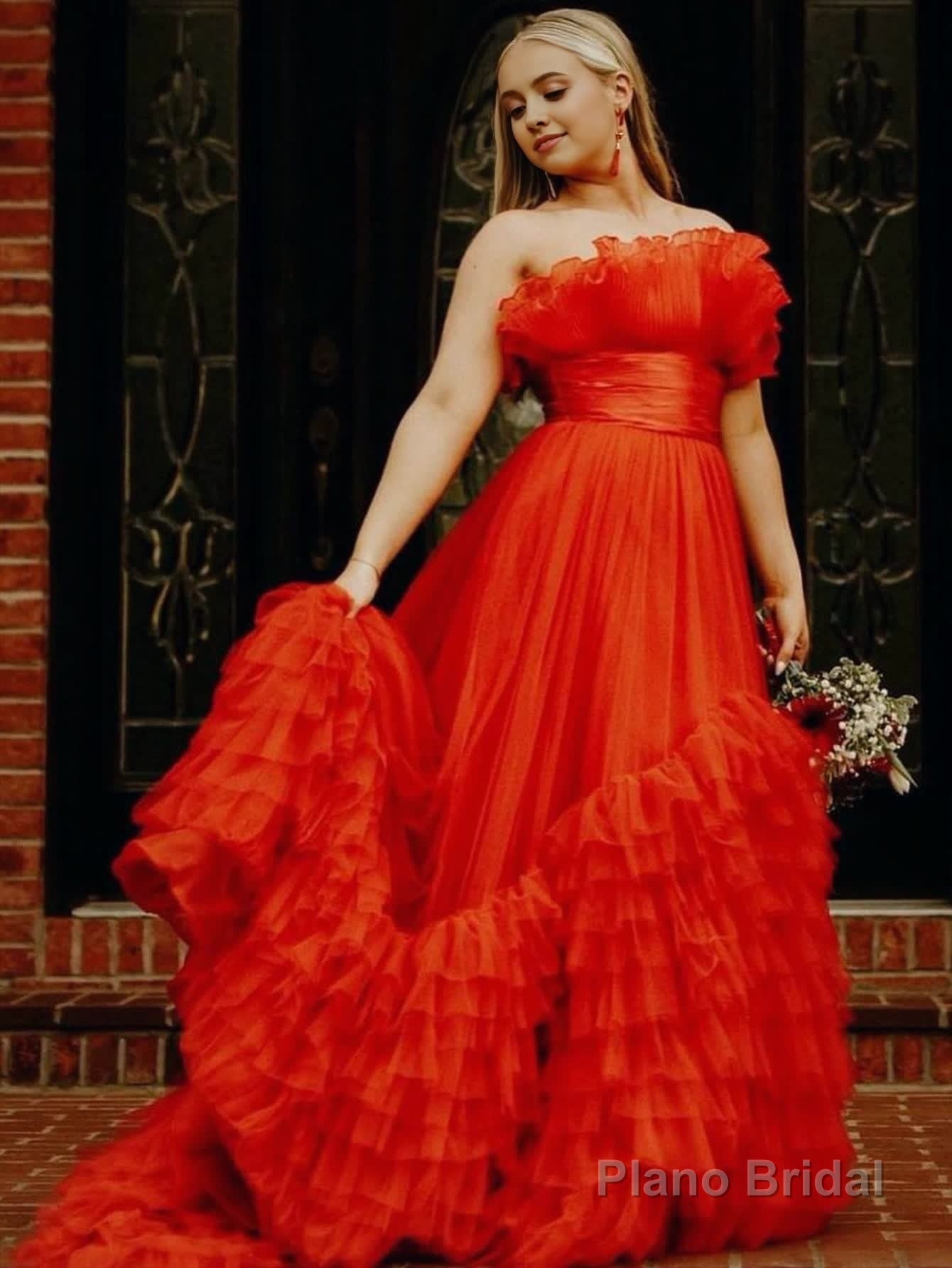 A-Line Strapless Pink Tiered Long Tulle Prom Dress