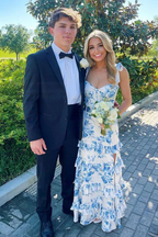 A-Line Strapless Print Sleeveless Tiered Long Formal Prom Dresses
