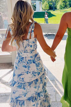 A-Line Strapless Print Sleeveless Tiered Long Formal Prom Dresses