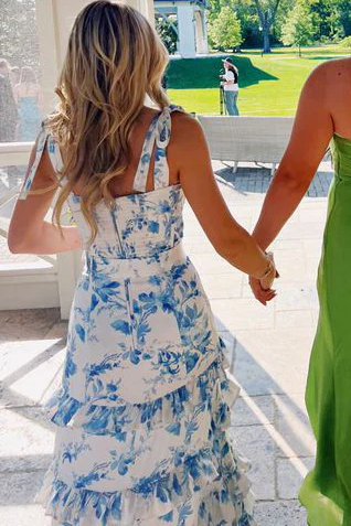 A-Line Strapless Print Sleeveless Tiered Long Formal Prom Dresses