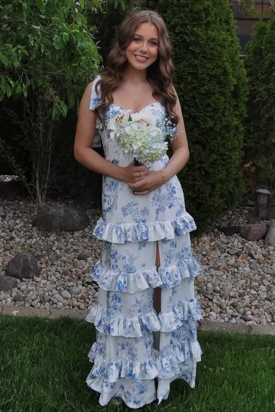 A-Line Strapless Print Sleeveless Tiered Long Formal Prom Dresses