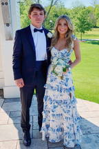 A-Line Strapless Print Sleeveless Tiered Long Formal Prom Dresses