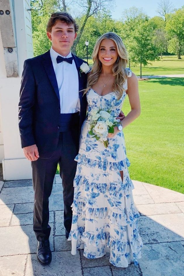 A-Line Strapless Print Sleeveless Tiered Long Formal Prom Dresses