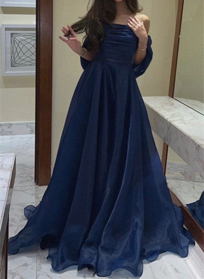 A Line Strapless Royal Blue Long Formal Prom Dresses With Straps