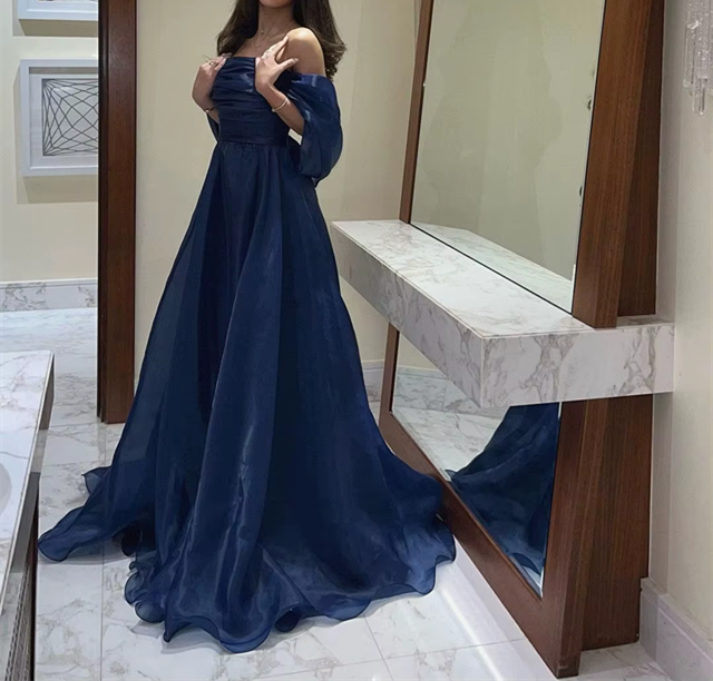 A Line Strapless Royal Blue Long Formal Prom Dresses With Straps
