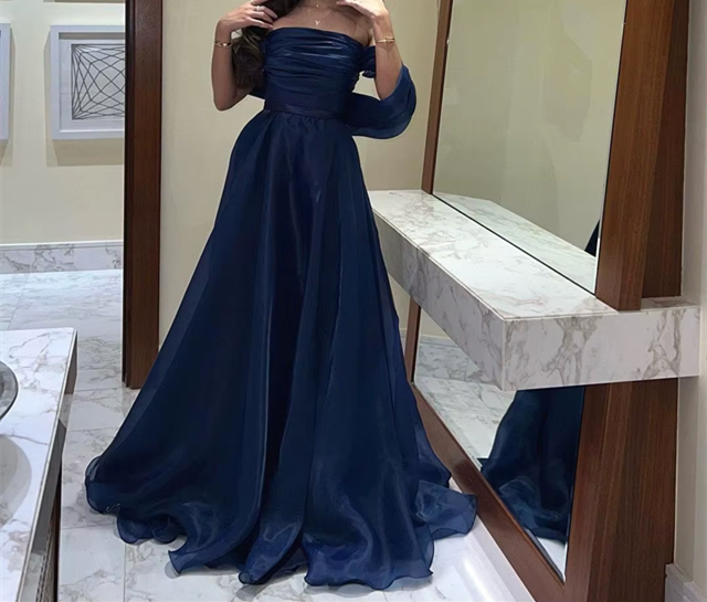 A Line Strapless Royal Blue Long Formal Prom Dresses With Straps