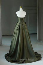 A-Line Strapless Satin Long Formal Prom Dresses, Dark Green Evening Party Dresses