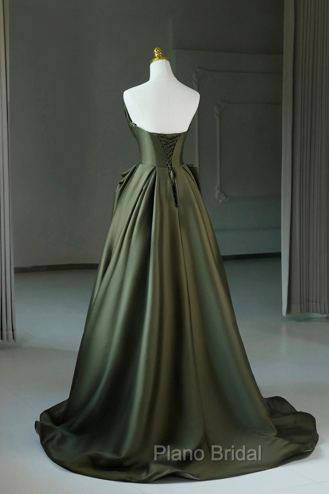 A-Line Strapless Satin Long Formal Prom Dresses, Dark Green Evening Party Dresses