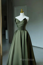 A-Line Strapless Satin Long Formal Prom Dresses, Dark Green Evening Party Dresses