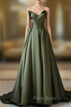 A-Line Strapless Satin Long Formal Prom Dresses, Dark Green Evening Party Dresses