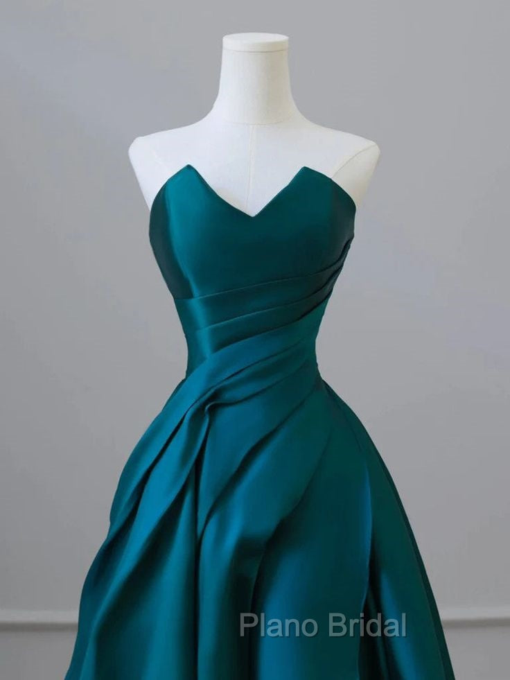A-Line Strapless Satin Peacock Blue Long Formal Prom Dresses, Simple Peacock Blue Evening Dresses Secondary image