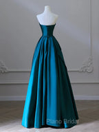 A-Line Strapless Satin Peacock Blue Long Formal Prom Dresses, Simple Peacock Blue Evening Dresses