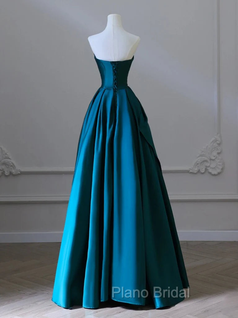 A-Line Strapless Satin Peacock Blue Long Formal Prom Dresses, Simple Peacock Blue Evening Dresses