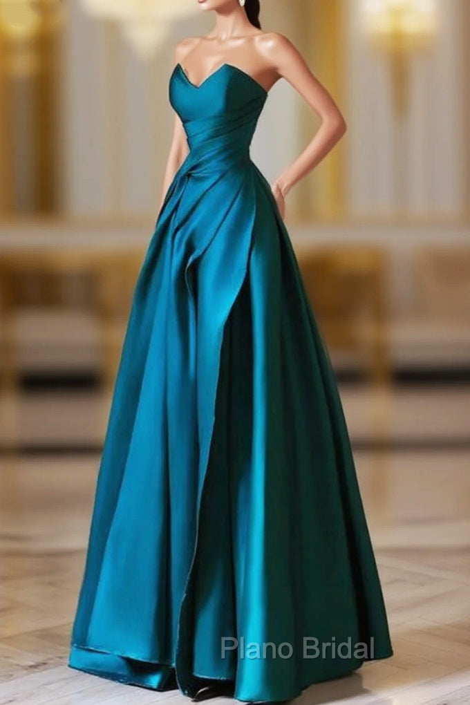 A-Line Strapless Satin Peacock Blue Long Formal Prom Dresses, Simple Peacock Blue Evening Dresses Main image