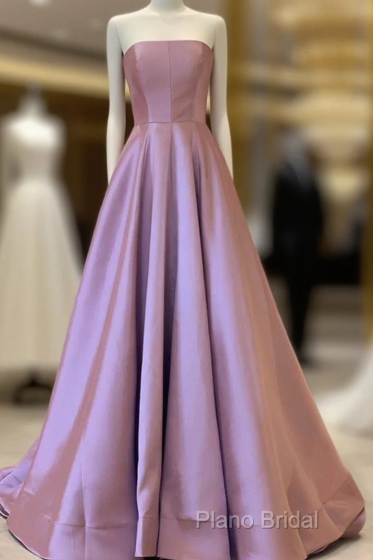A-Line Strapless Satin Formal Prom Dresses Mauve Pink Formal Gown Floor Length Main image