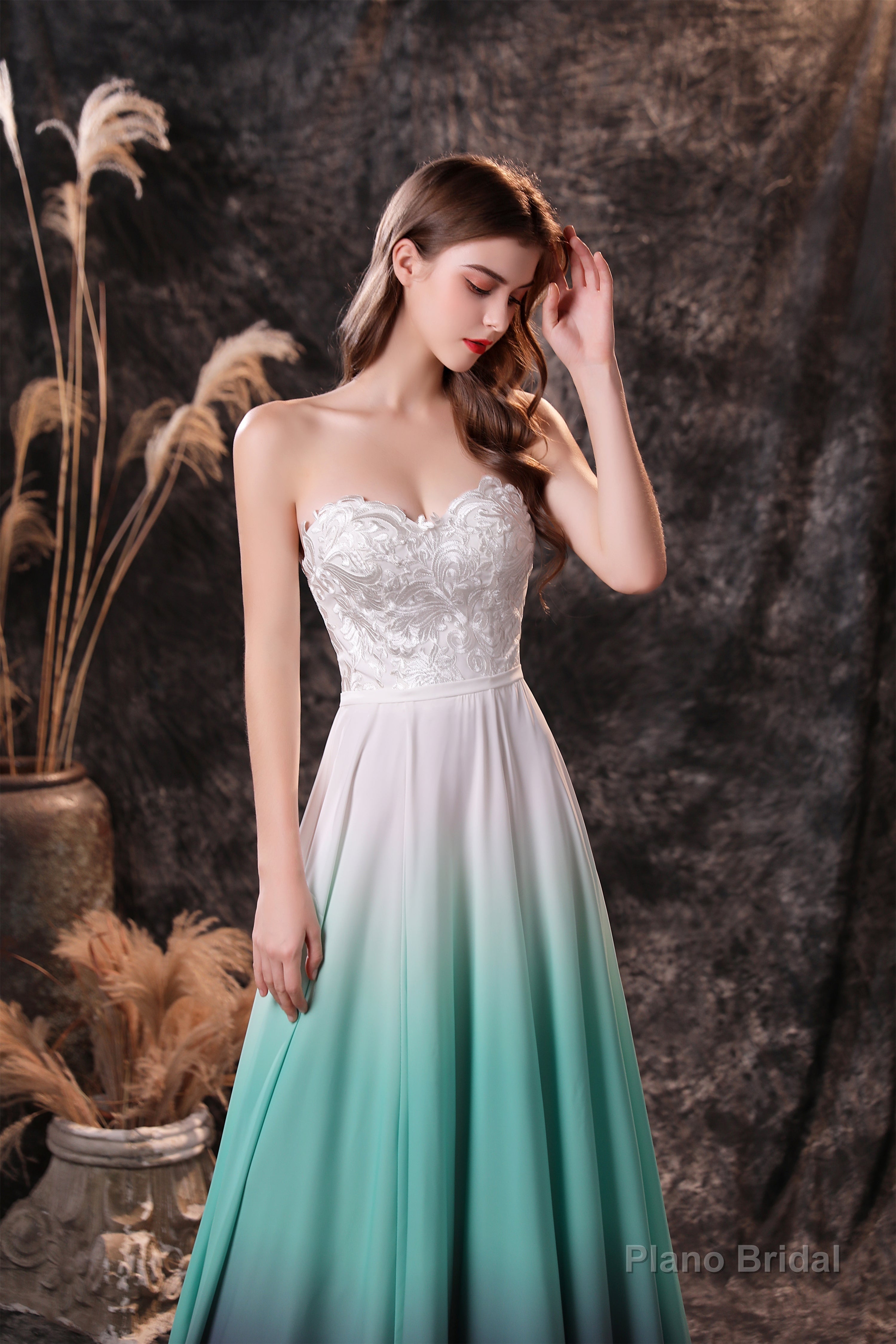 A Line Strapless Sleeveless Appliques Ombre Silk Like Satin Sweep Train Prom Dresses Secondary image