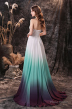 A Line Strapless Sleeveless Appliques Ombre Silk Like Satin Sweep Train Prom Dresses