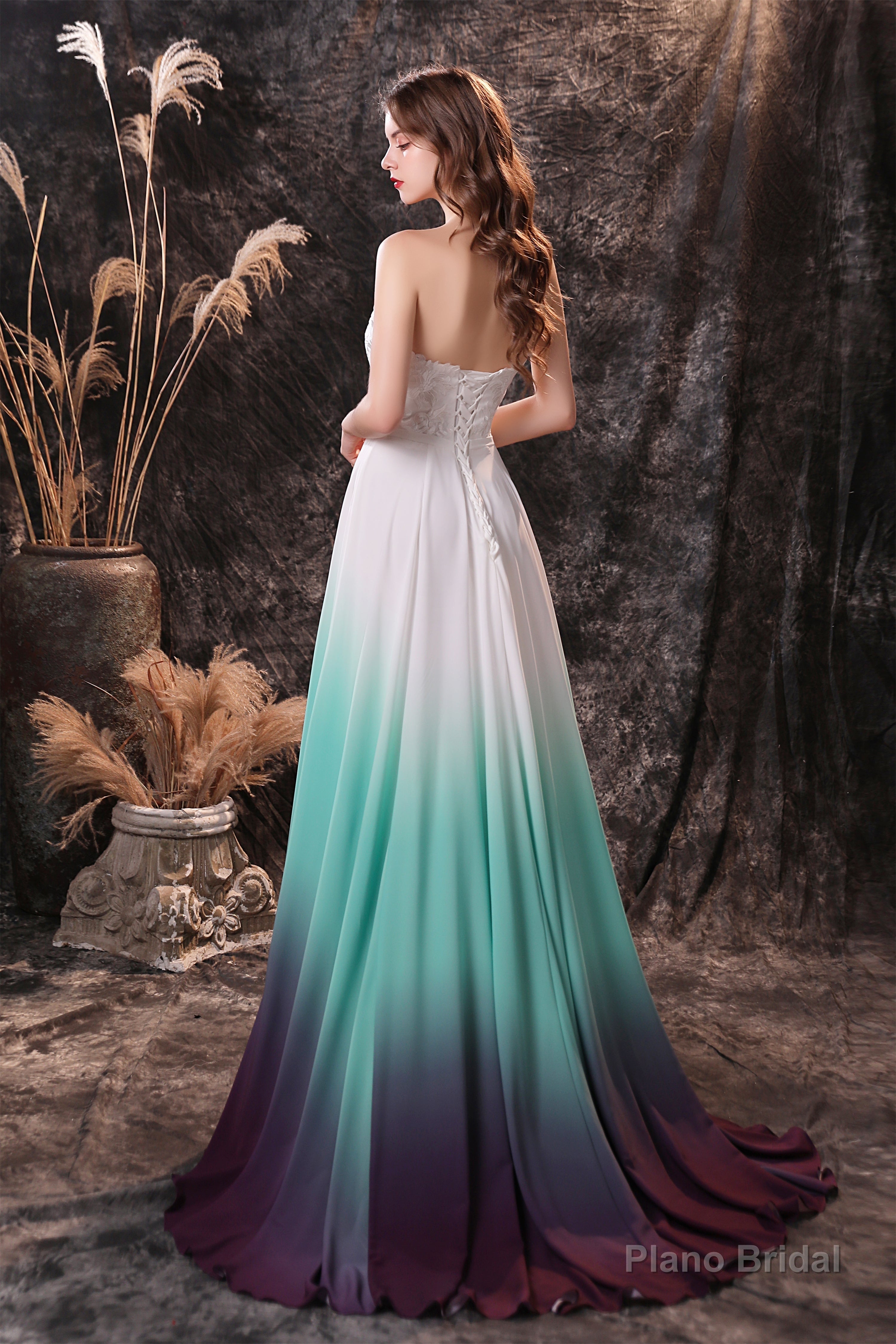 A Line Strapless Sleeveless Appliques Ombre Silk Like Satin Sweep Train Prom Dresses