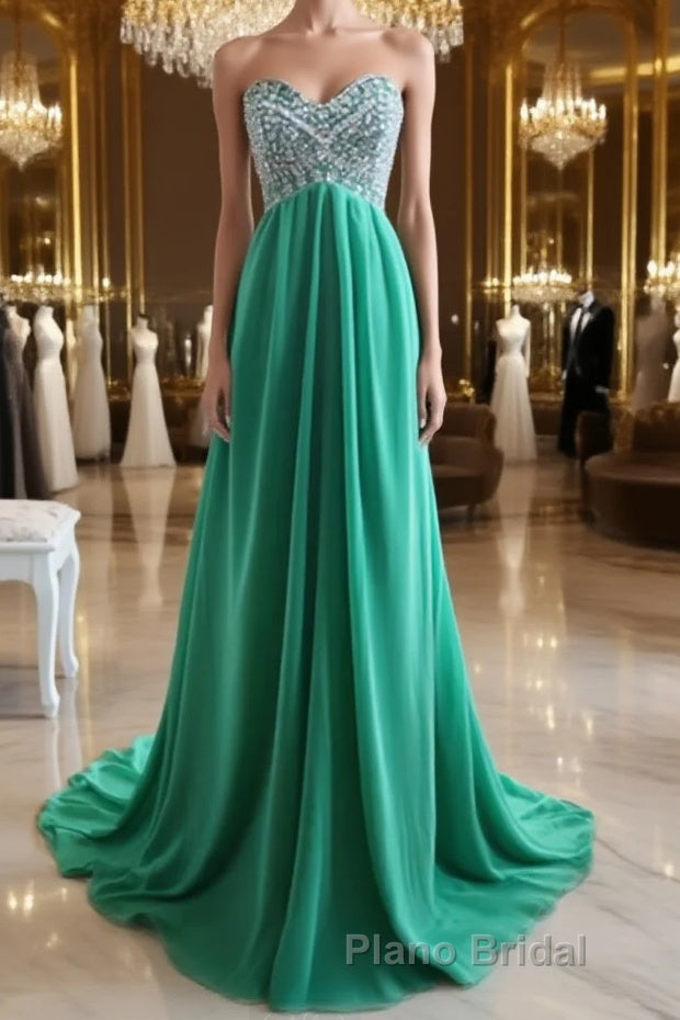 A-Line Strapless Sweetheart Neck Green Chiffon Long Formal Prom Dresses, Green Evening Dresses Main image