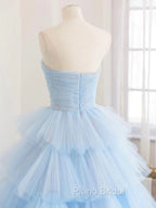 A line Strapless Tiered Tulle Formal Prom Dresses