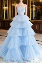 A line Strapless Tiered Tulle Formal Prom Dresses