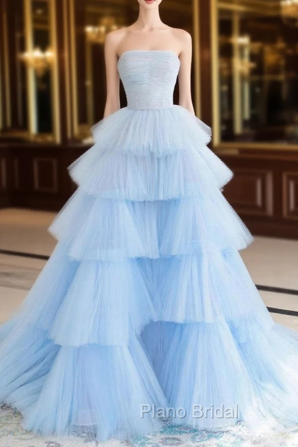 A line Strapless Tiered Tulle Formal Prom Dresses