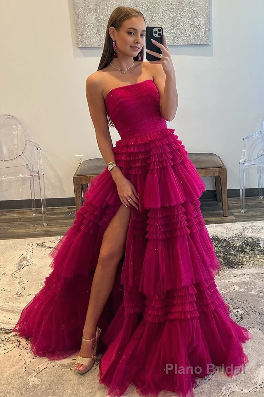 A-Line Strapless Tulle Long Prom Dress with Tiered Ruffles Secondary image