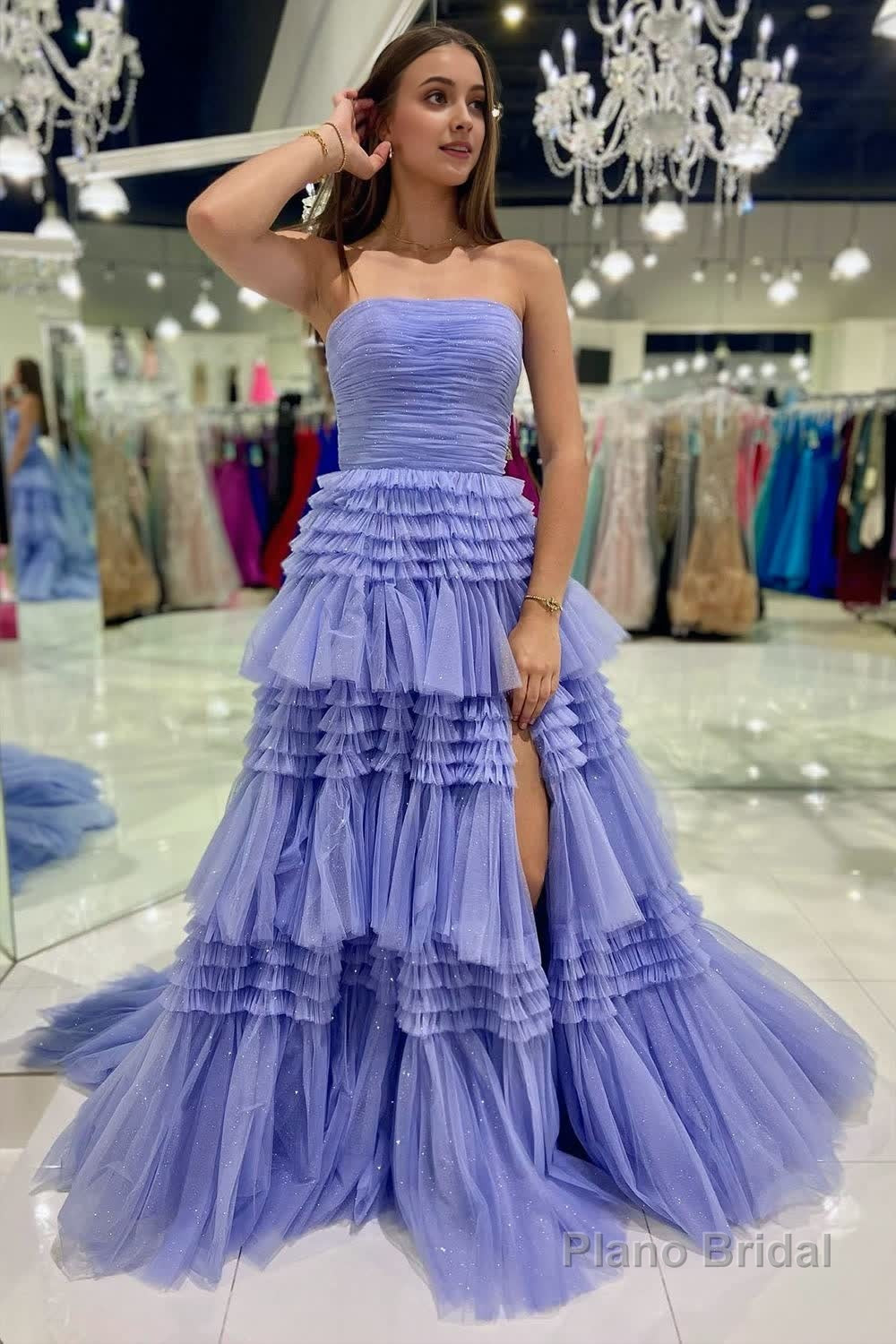A-Line Strapless Tulle Long Prom Dress with Tiered Ruffles