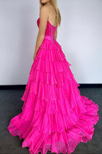 A-Line Strapless V-Neck Tiered Empire-Waist Long Formal Prom Dresses