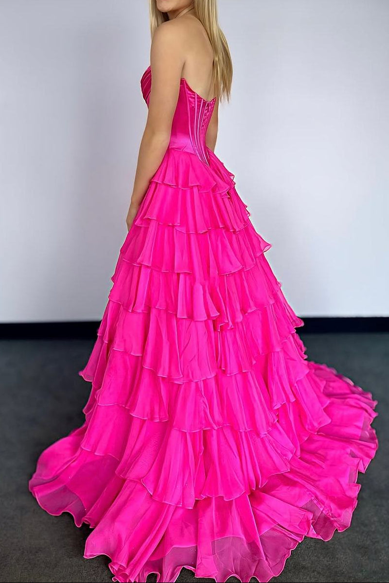A-Line Strapless V-Neck Tiered Empire-Waist Long Formal Prom Dresses