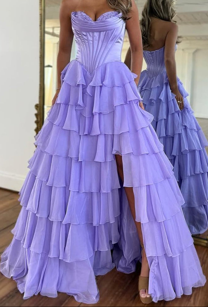 A-Line Strapless V-Neck Tiered Empire-Waist Long Formal Prom Dresses