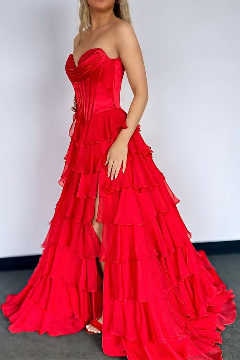 A-Line Strapless V-Neck Tiered Empire-Waist Long Formal Prom Dresses