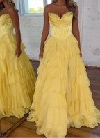 A-Line Strapless V-Neck Tiered Empire-Waist Long Formal Prom Dresses