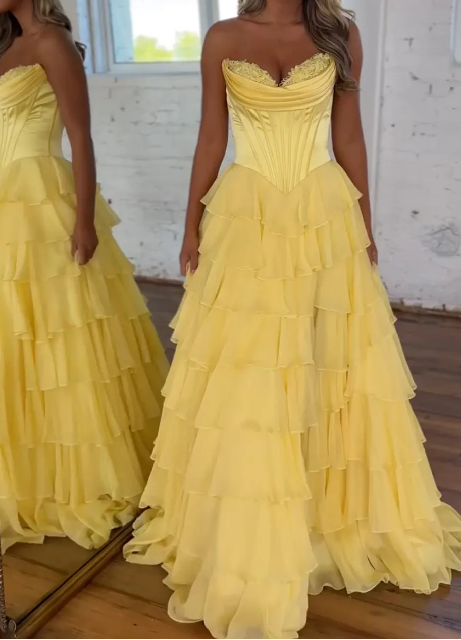 A-Line Strapless V-Neck Tiered Empire-Waist Long Formal Prom Dresses