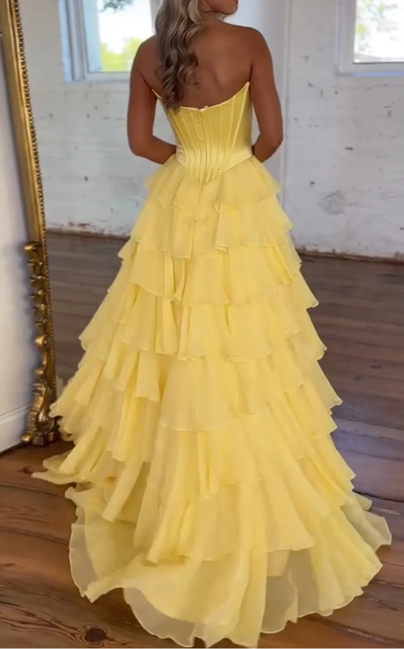A-Line Strapless V-Neck Tiered Empire-Waist Long Formal Prom Dresses