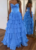A-Line Strapless V-Neck Tiered Empire-Waist Long Formal Prom Dresses