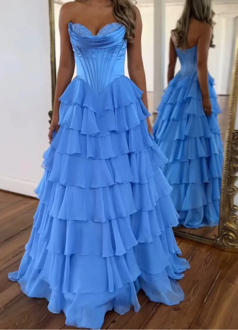 A-Line Strapless V-Neck Tiered Empire-Waist Long Formal Prom Dresses