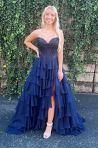 A-Line Strapless V-Neck Tiered Empire-Waist Long Formal Prom Dresses