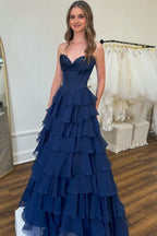A-Line Strapless V-Neck Tiered Empire-Waist Long Formal Prom Dresses