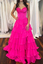 A-Line Strapless V-Neck Tiered Empire-Waist Long Formal Prom Dresses