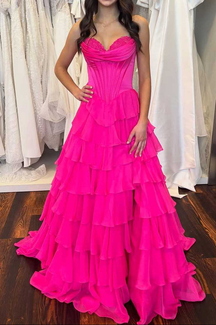 A-Line Strapless V-Neck Tiered Empire-Waist Long Formal Prom Dresses