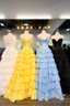 A-Line Strapless V-Neck Tiered Empire-Waist Long Formal Prom Dresses